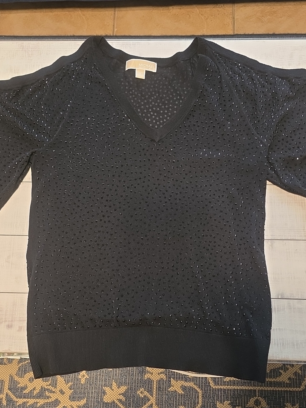 MICHAEL Michael Kors Black V-Neck Studded Knit Cold Shoulder Sweater